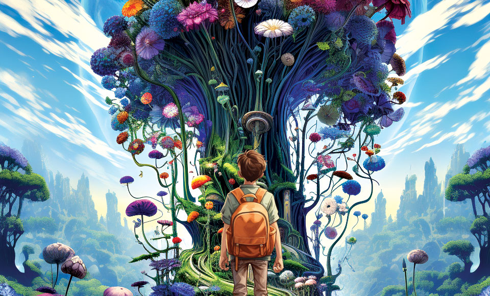 a boy with a backpack looking at a giant magical tree